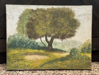 Antique c1940s Meadow Landscape Oil Painting with Tree signed "ViJean" #2