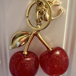 Extremely Rare Red Cherry & Gold C Initial Coach Designer Bag Charm Keychain