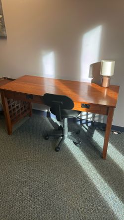 Large Desk With Two Drawers. Light Brown Wood.