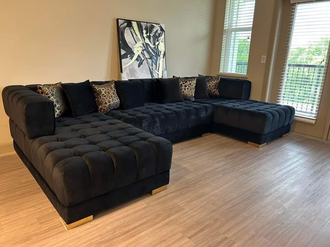 Lipa Velvet Double Chaise "U" Shape Section - Black