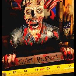 HORROR, HALLOWEEN DECOR: Solid heavy ceramic (8"×8") Bloody Zombie toliet paper roll holder, firm.