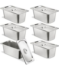 6 Set Stainless Steel Hotel Pans 1/3 Size 6 Inch Deep With Lids, Anti-Jam Chafing Steam