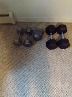 Dumbbells and a kettlebell