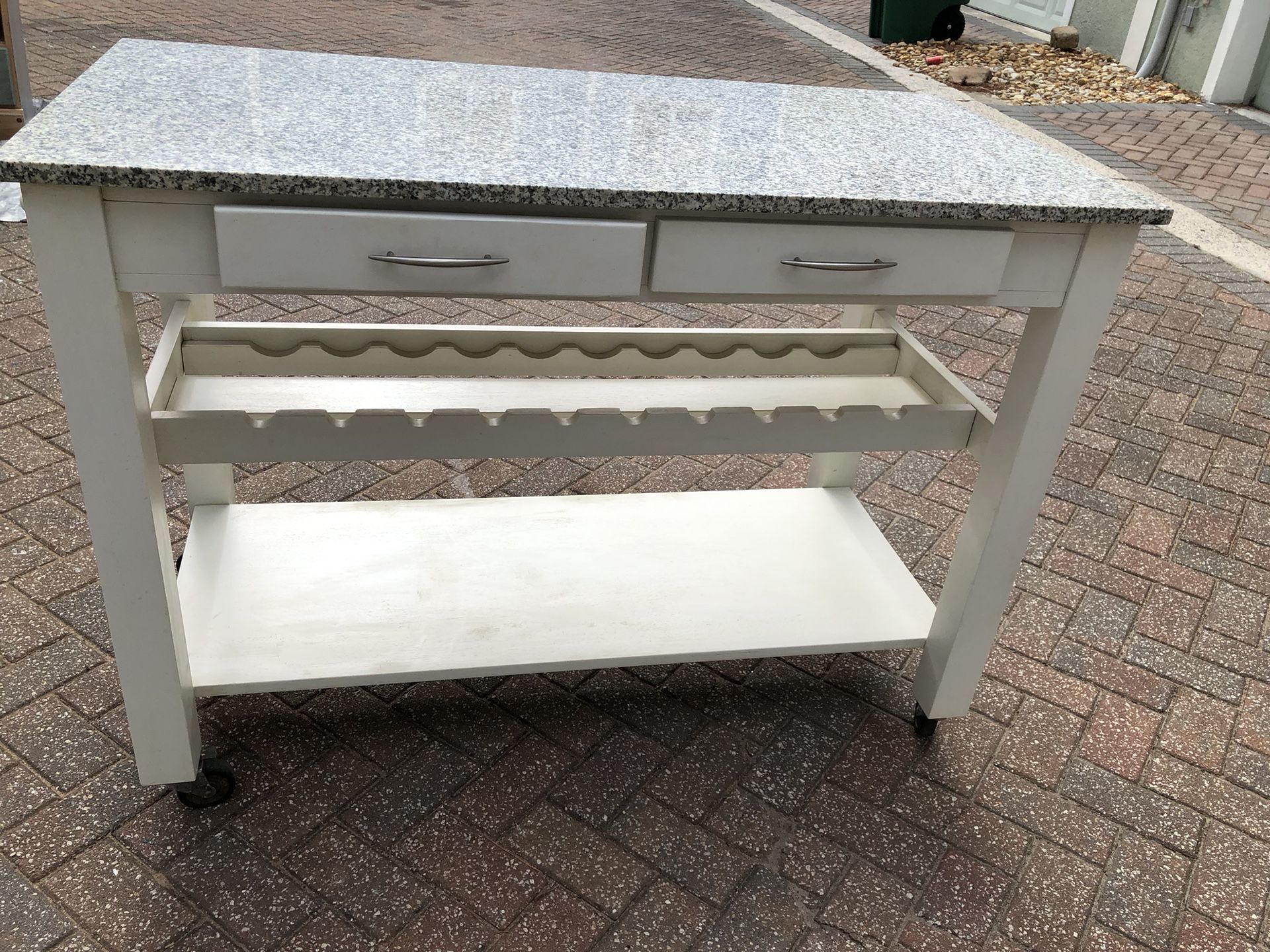 Wood Kitchen Island On Wheels With Quartz Top 2 Drawers Wine Storage And More