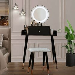 Makeup Vanity Table Set with Stool, Vanity Table with Mirror and Light Power Outlet, Adjustable, Black
