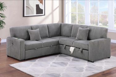 Brand New Grey Corduroy Sectional Sofa Storage Sleeper