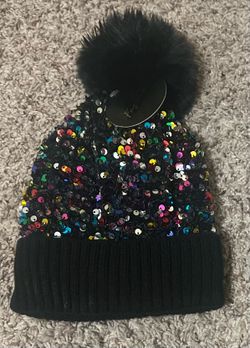 Women Beanie Bobble Pom Pom Hat Sequin Winter Warm Faux Fur Cute Ski Snow Casual
