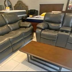 Holiday sale. Madrid, gray leather reclining sofa and loveseat set only $1299. Easy finance option. Same-day delivery.