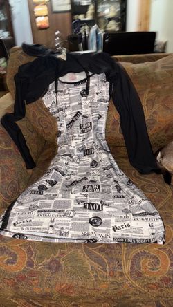 Newspaper Print Skater Dress with Black Shrug