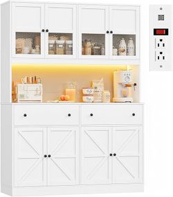 71" Pantry Cabinet with LED Light and Charging Station, Farmhouse Kitchen Pantry Cabinet with Microwave Stand, 47.2" Wide Kitchen Hutch Food Pantry wi