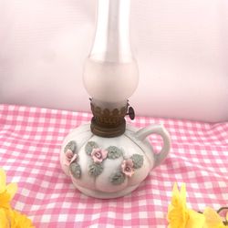 Vintage Mini Porcelain Oil Lamp Pink Flowers  Gold Gilt 