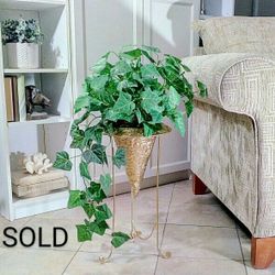  Floor Vase, Gold Metal with Artificial Plants  29"x15" plant stand, vessel, container, pottery, faux plants, fake plants, home decor, boho