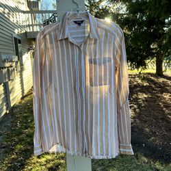 EXPRESS Women Brown & White Regular Fit Striped Button Down Shirt