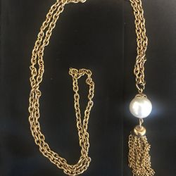 Vintage Gold Necklace With Gold Fringe Off Pearl 