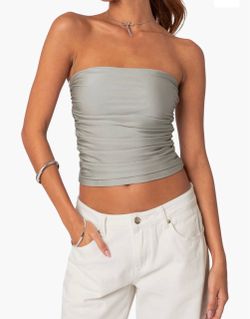 NWT Edikted Maxeen Shiny ruched silver metallic tube top, size S