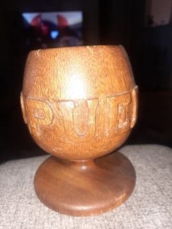 Puerto Rico Handcarved Monkey Pod Tiki Goblet Cups (2)