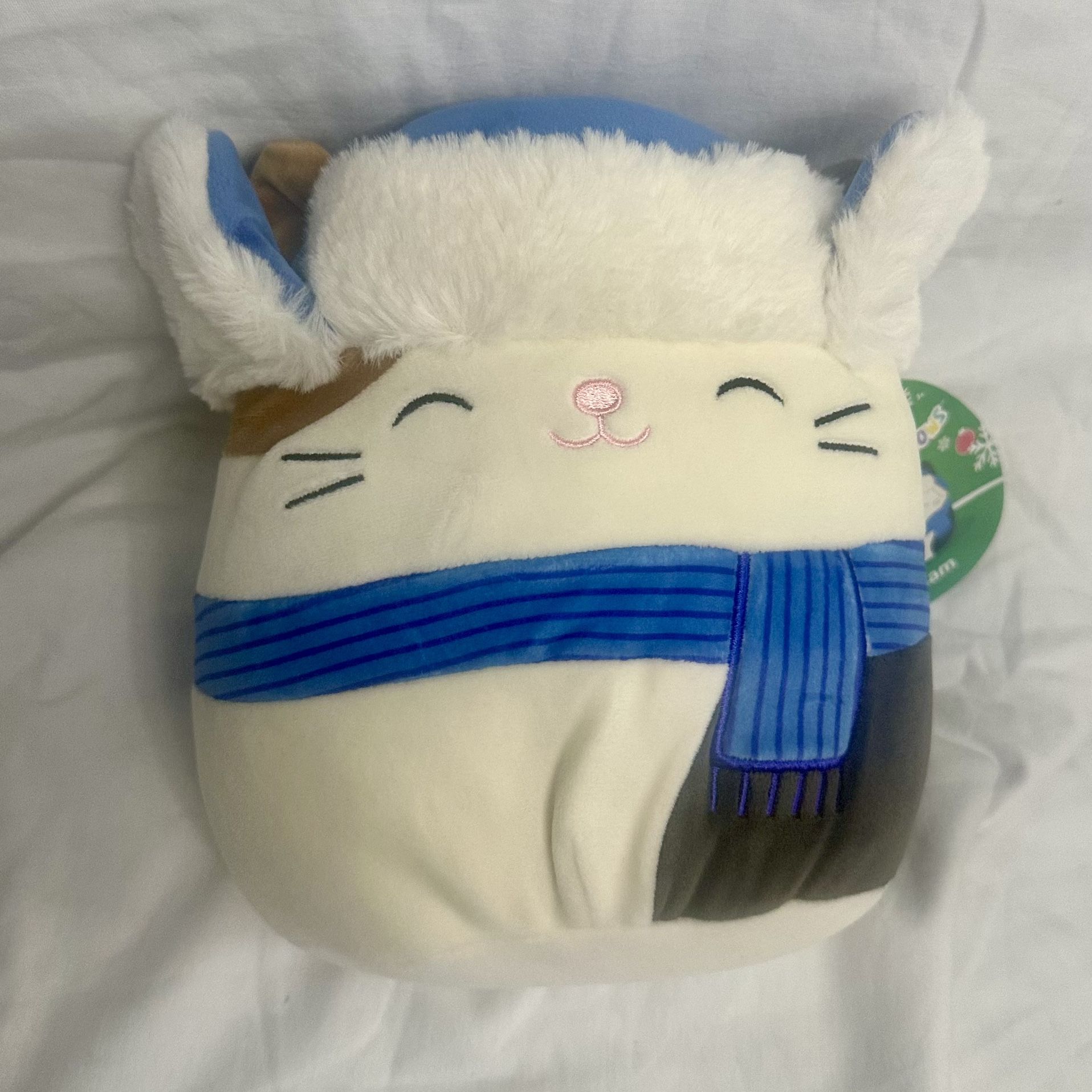 NWT Squishmallows Official Jazzwares 8” Cam the Cat, wearing a blue trapper hat & scarf. 2023 Christmas Limited Release. Excellent Gift Idea! #collect