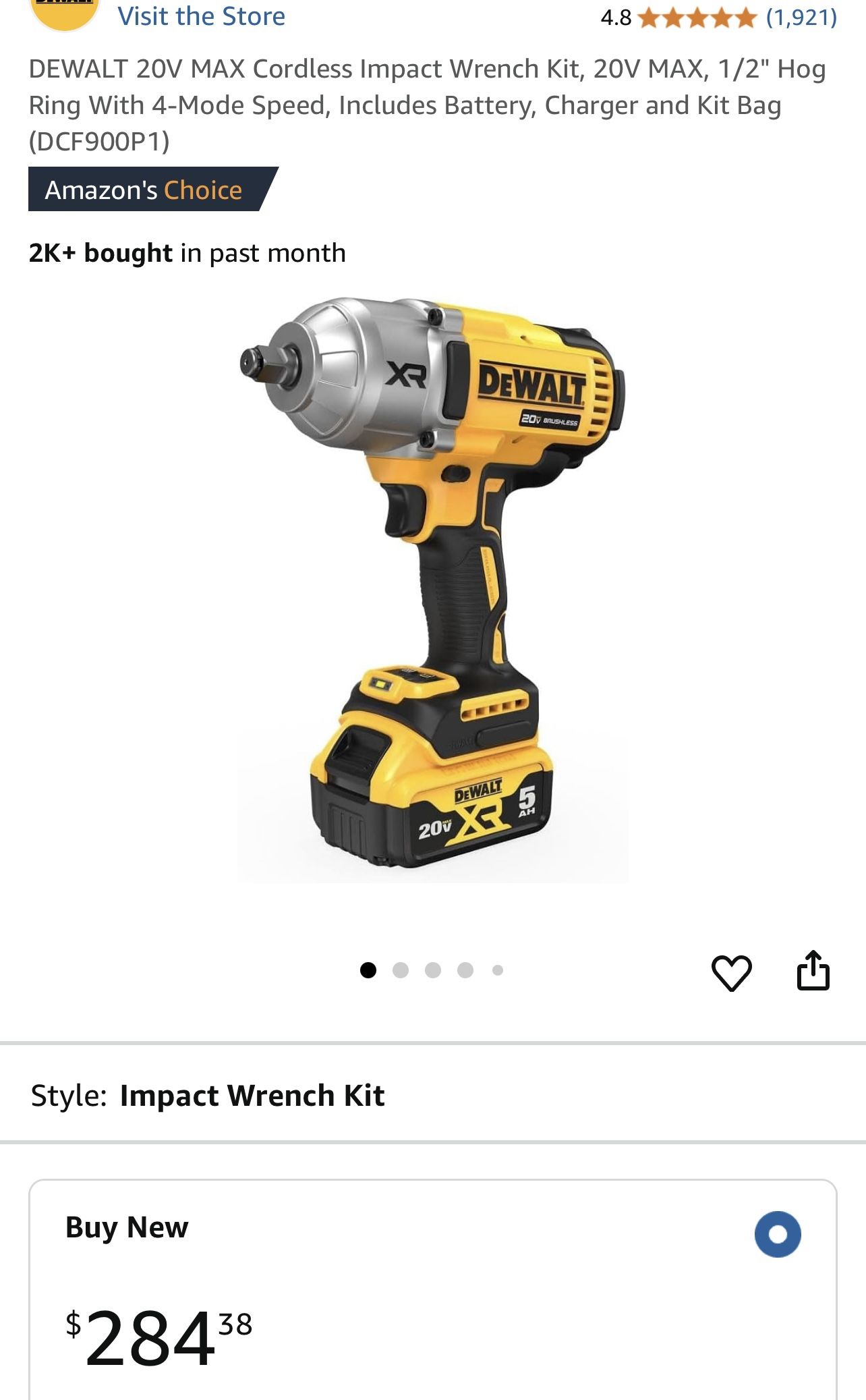 DEWALT 20V MAX Cordless Impact Wrench Kit, 20V MAX, 1/2" Hog Ring With 4-Mode Speed, Includes Battery, Charger and Kit Bag