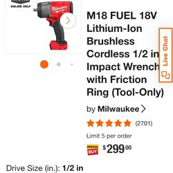 milwaukee m18 1/2 impact driver with 5.0 mah battery. Works great!
