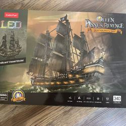 CubicFun 3D Puzzle for Adults Moveable LED Pirate Ship Desk Decorations with Detailed Interior, Large Queen Anne's Revenge Sailboat Puzzle for Adults,