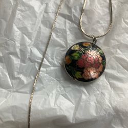 Round Cloisonné Bead Pendant On A Chain Vintage 