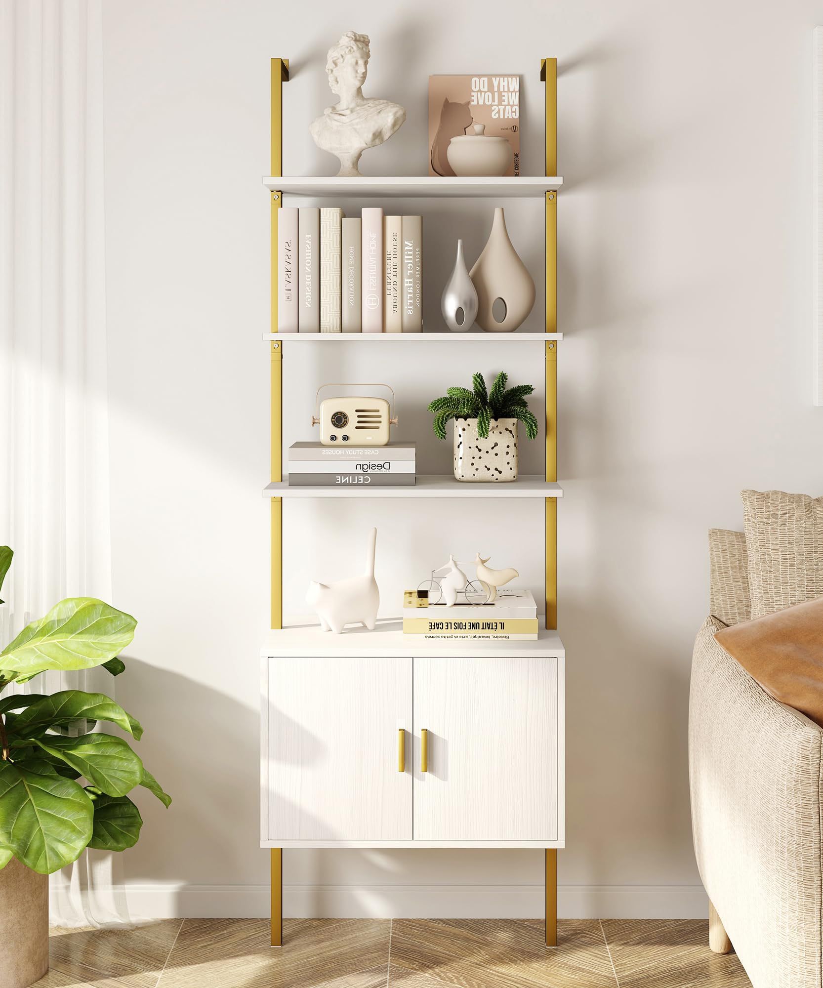 New 73” Gold & White Ladder Wall Mounted Bookshelf 