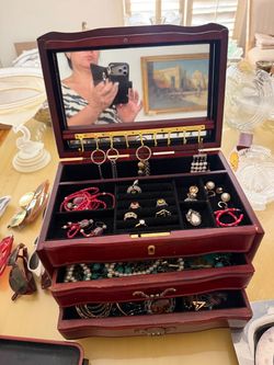 Large Wooden Jewelry Box with Mirror
