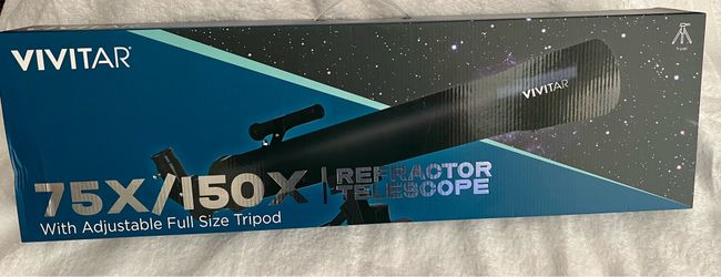 Brand new, never opened Vivitar 75x/150x Refractor Telescope with an adjustable full-size tripod. Still factory sealed in the original box!
