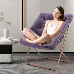 MoNiBloom Folding Saucer Chair, Oversized Faux Fur Lounge Reading Seat with Thick Padded Metal Frame, for Bedroom Living Room, Purple