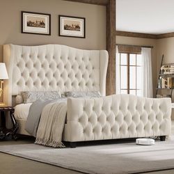 Used Full Size 54.3” Tall Platform Bed Frame with Deep Button Tufted Wingback Headboard and Footboard, Velvet Upholstered Bed Frame with Handmade Plea