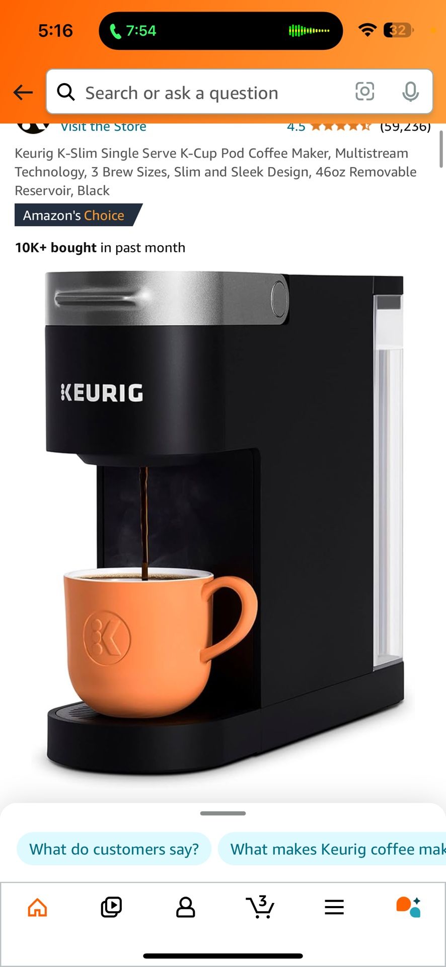 Keurig K-Slim Single Serve K-Cup Pod Coffee Maker, Multistream Technology, 3 Brew Sizes, Slim and Sleek Design, 46oz Removable Reservoir, Black