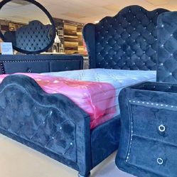 Tufted Bed frame With Matching Nightstands And Dresser With Mirror‼️ Same Day Delivery 