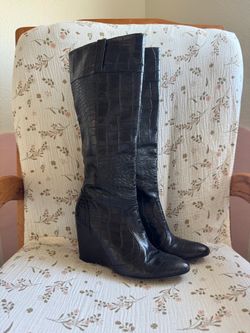 Black Croc-Embossed Knee-High Wedge Boots