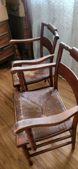 Antique Wood Armchairs with Rush Seats – Set of 2