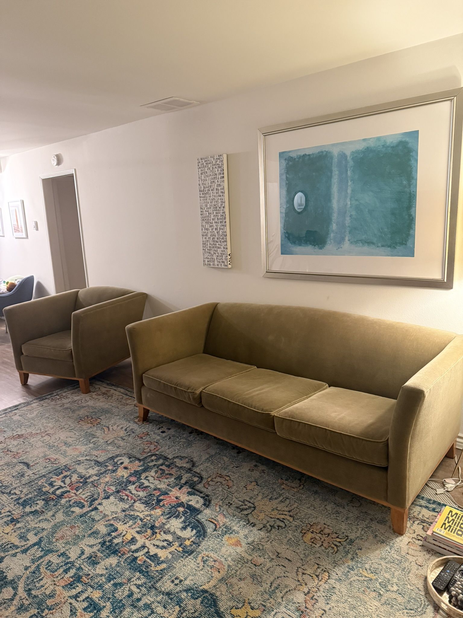 Velvet Green Sofa and Armchair