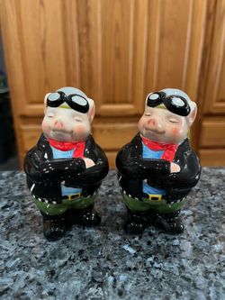 Vintage Motorcycle Biker Pig Ceramic Pair of Salt Pepper Shakers.  Size approximately 4 inches tall.  Preowned never used.