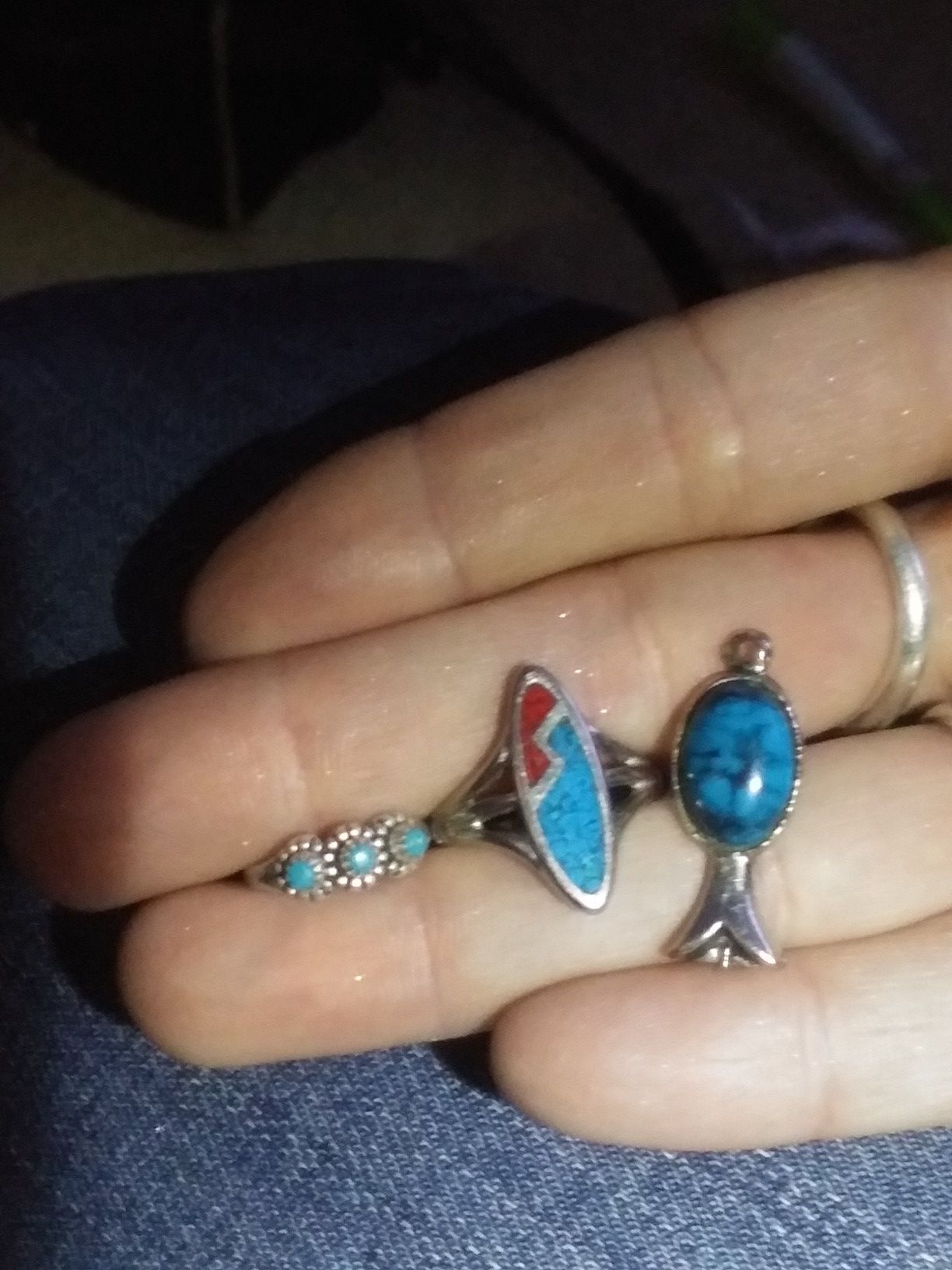 Marked turquoise and coral ring, toe ring and pendant
