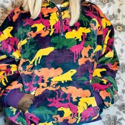 Urban Outfitters FairPlay Colorful Polar Fleece Half-Zip Hoodie Animal Camo Prin