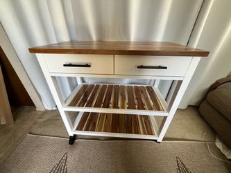 New Seville Acacia Top Kitchen Cart with Drawers, shelves and wheels. Just assembled. See pictures