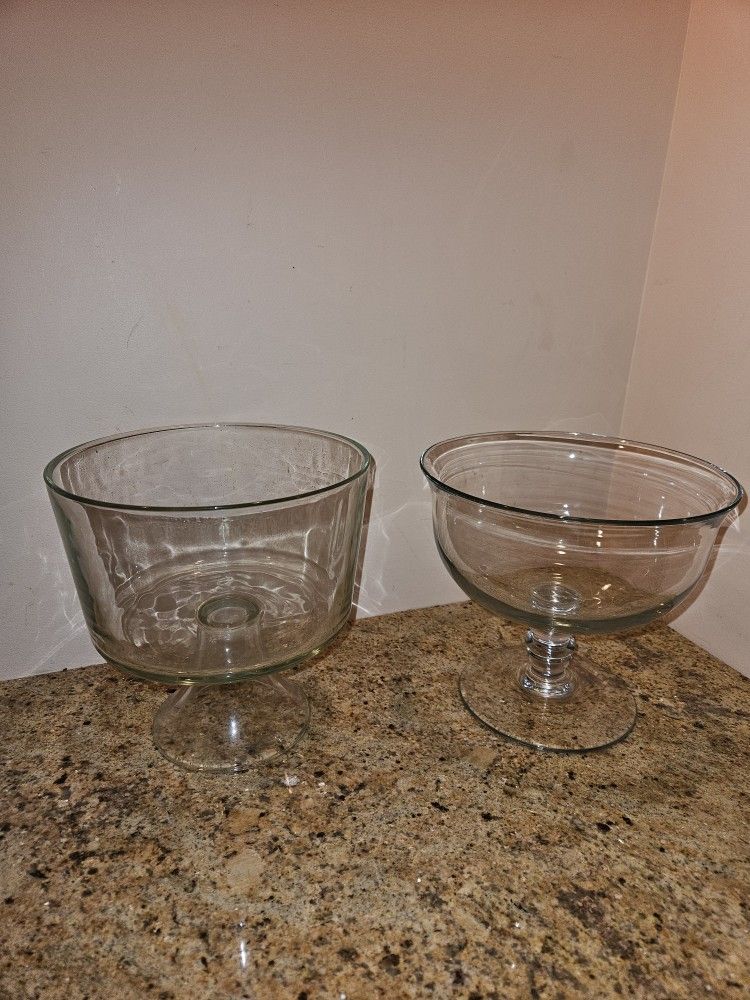Two Clear Glass Footed Bowls