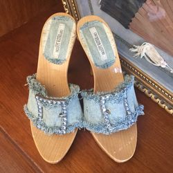 Denim rhinestone Buckle Mules Sz 6.5