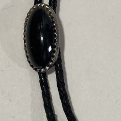 Vintage Bolo Tie Silver And Long Onyx Black Stone 