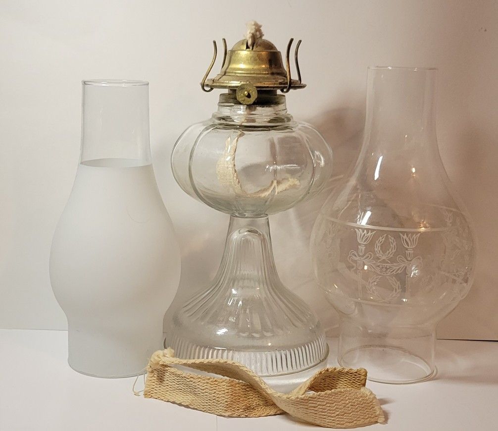 
Vintage Mid-Century Oil Lamp w/Ribbed Clear Glass Base, 2 Unique Chimney Shades & 3 Wicks (P&A)