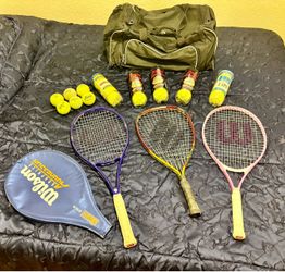 Tennis & Racquetball Gear Lot – Racquets, Cans of Balls & Duffel Bag