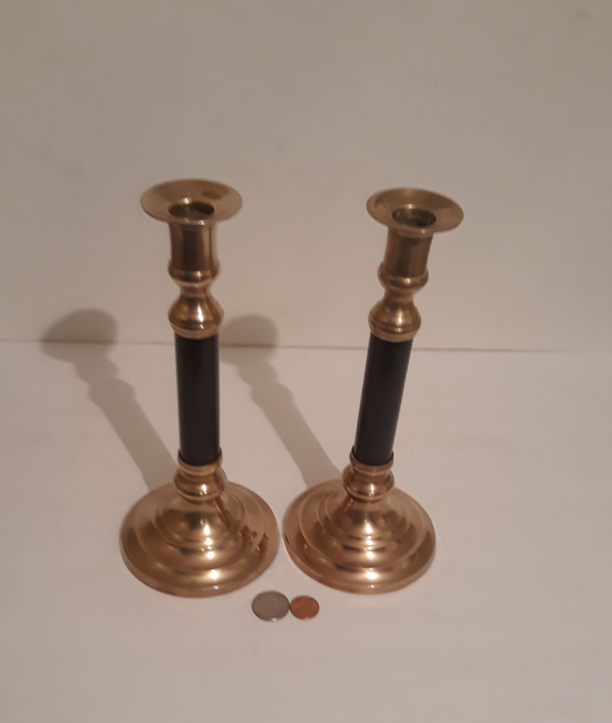 Vintage Metal Brass Set of 2 Candlestick Holders, 10" Tall and 4 1/2" Base Size, Table Display, Home Decor, Shelf Display, Quality Brass Candle Stick