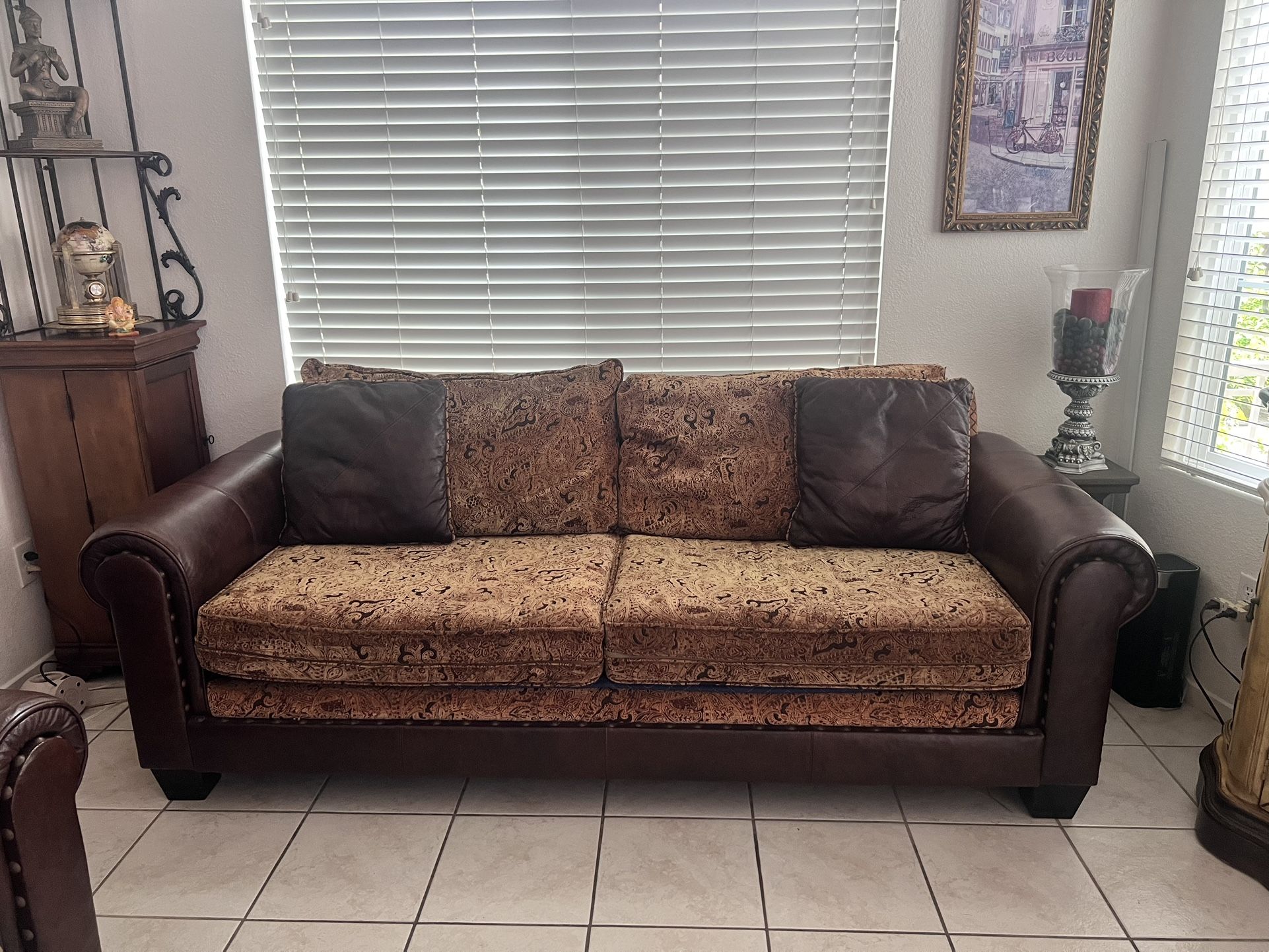 Sofa And Sofa Chair Set - Brown - Leather And Fabric