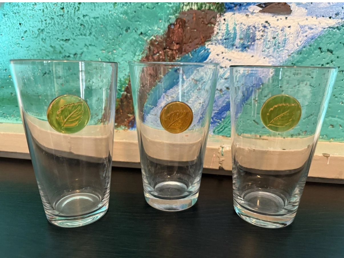 1950 Antique Brown Glass Tumblers With Round Amber Infused Glass Circle Leaf