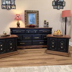 Refinished Modern Black & Gold matching dresser and nightstands