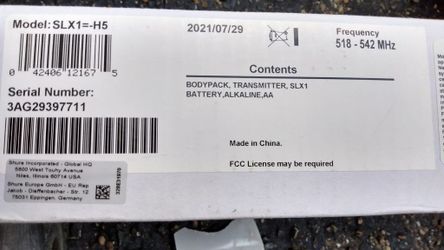 Shure SLX1 H5 Wireless Bodypack Transmitter 518-542 MHz New In Box [KO6566]