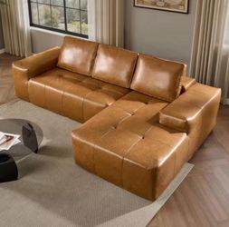 #457AB 114.17 in. Square Arm Faux Leather Upholstery L-Shaped Sectional Sofa in. Brown, Right Facing Chaise
